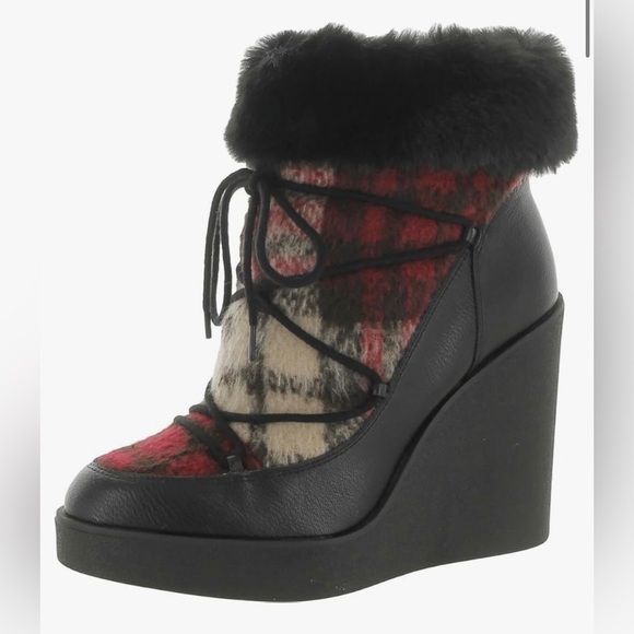 Jessica Simpson Myina red plaid Faux fur ankle laceup wedge platform Boots sz 9 - Picture 4 of 10
